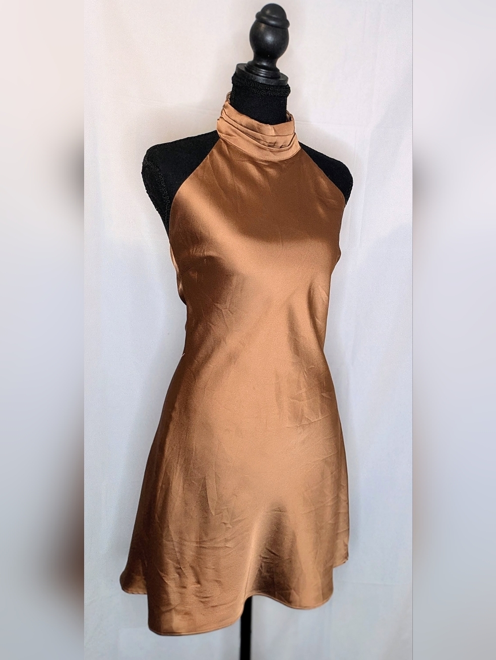 Bronze Satin Open Back Halter Mini Dress | Tie Back Mock Neck Size S